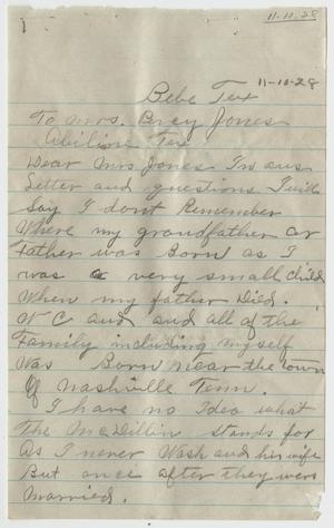 Primary view of object titled '[Letter from Mrs. M.J. Skinner to Mrs. Percy Jones - November 10, 1928]'.