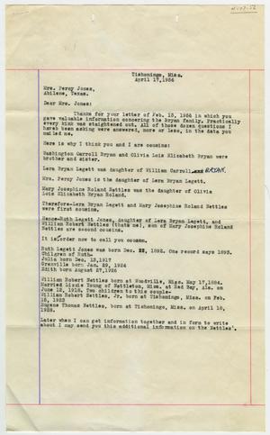 Primary view of object titled '[Letter from W.R. Nettles to Mrs. Percy Jones - April 17, 1956]'.