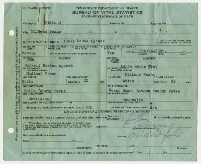 Birth Certificate Of Annie Maude Aycock - The Portal To Texas History