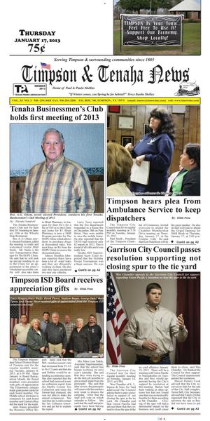 Primary view of object titled 'Timpson & Tenaha News (Timpson, Tex.), Vol. 33, No. 3, Ed. 1 Thursday, January 17, 2013'.