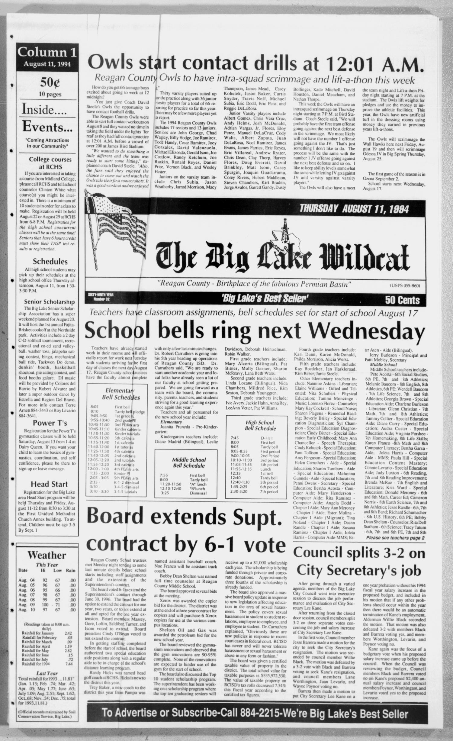 The Big Lake Wildcat (Big Lake, Tex.), Vol. 69, No. 32, Ed. 1 Thursday, August 11, 1994
                                                
                                                    [Sequence #]: 1 of 10
                                                