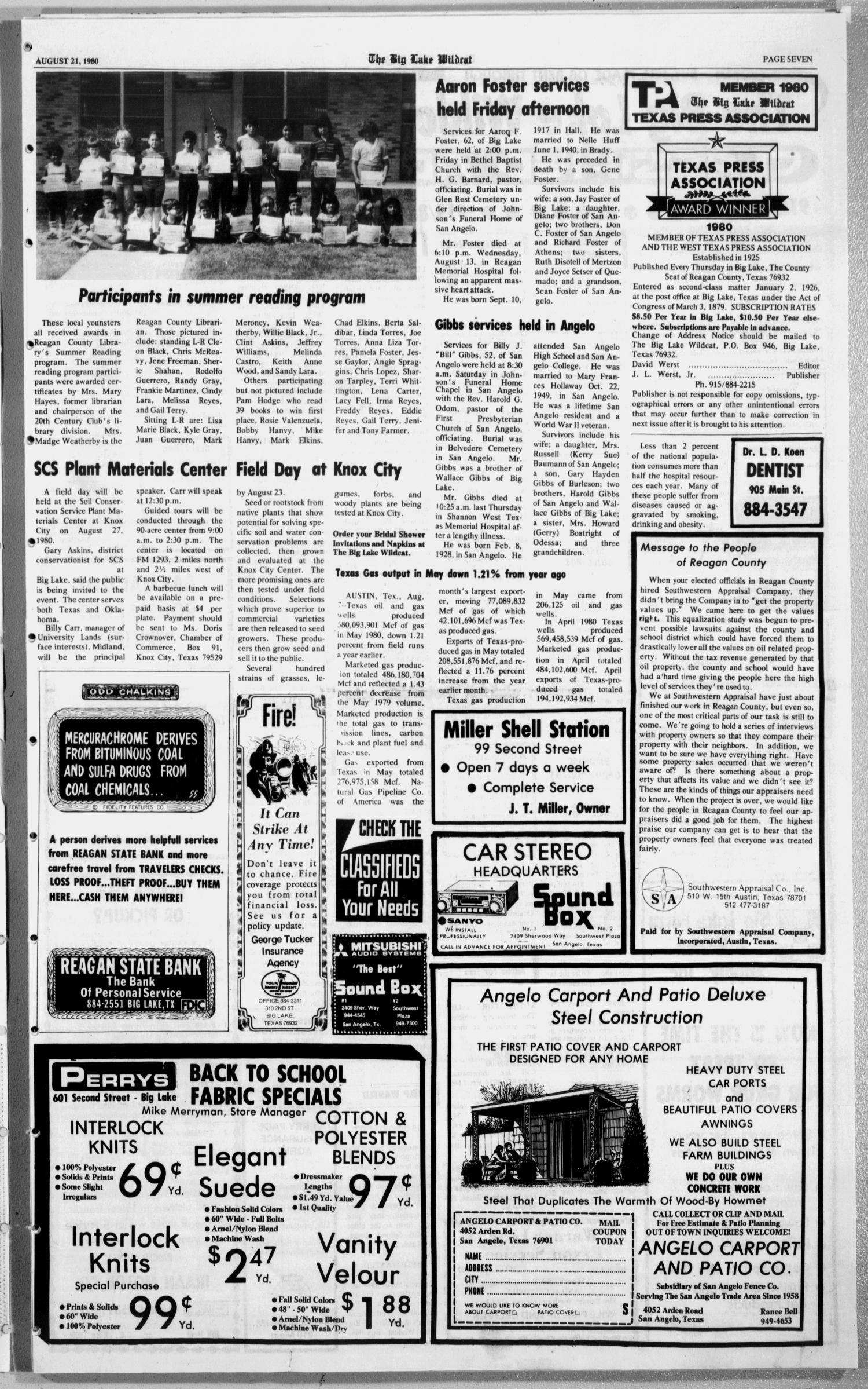 The Big Lake Wildcat (Big Lake, Tex.), Vol. 55, No. 34, Ed. 1 Thursday, August 21, 1980
                                                
                                                    [Sequence #]: 7 of 8
                                                