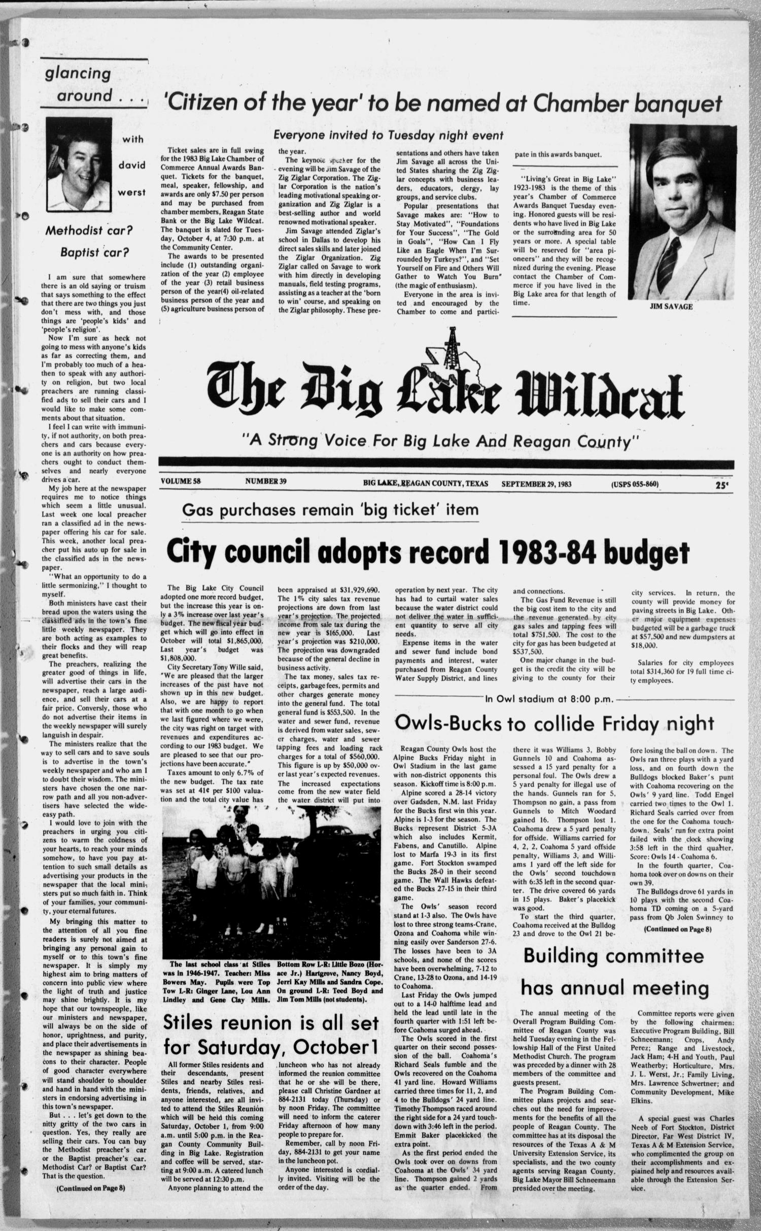 The Big Lake Wildcat (Big Lake, Tex.), Vol. 58, No. 39, Ed. 1 Thursday, September 29, 1983
                                                
                                                    [Sequence #]: 1 of 10
                                                