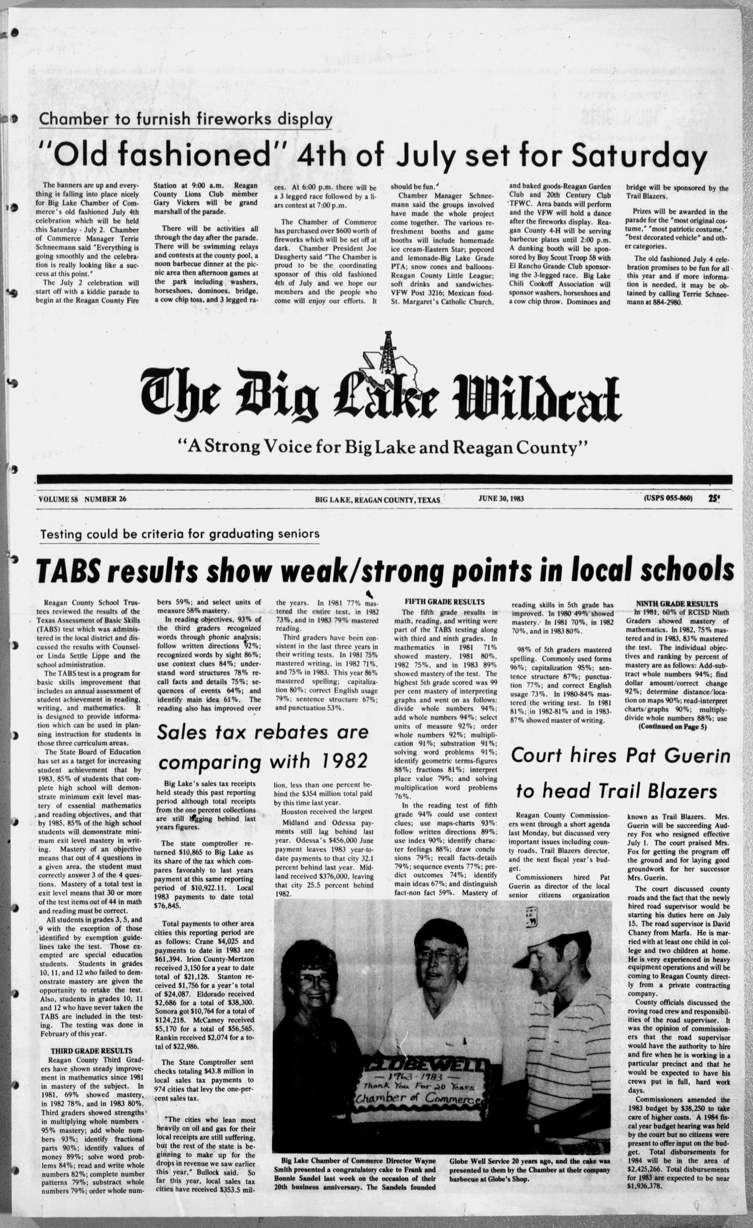 The Big Lake Wildcat (Big Lake, Tex.), Vol. 58, No. 26, Ed. 1 Thursday, June 30, 1983
                                                
                                                    [Sequence #]: 1 of 12
                                                