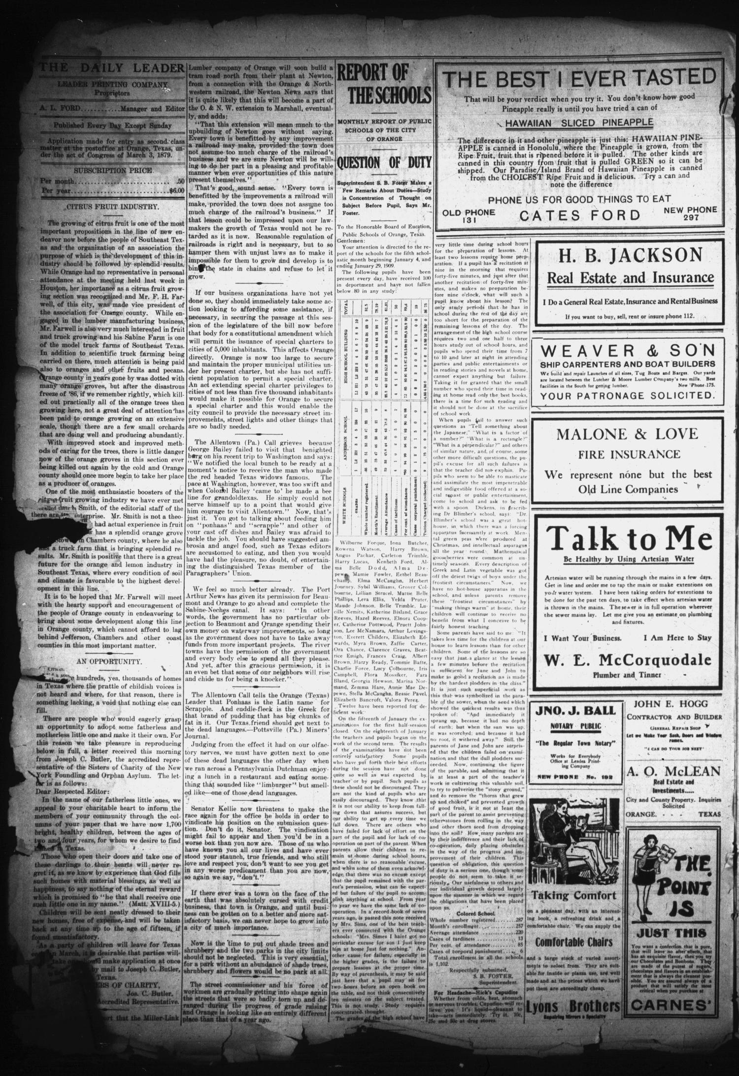 The Daily Leader (Orange, Tex.), Vol. 1, No. 255, Ed. 1 Monday, February 8, 1909
                                                
                                                    [Sequence #]: 2 of 4
                                                