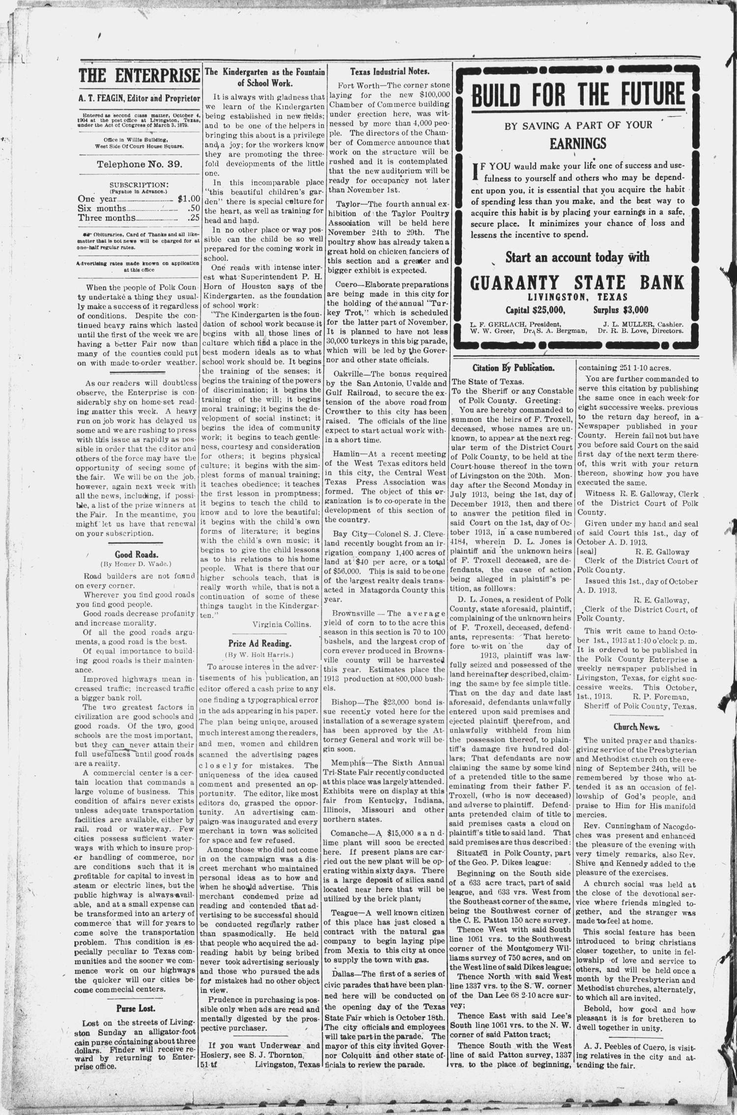 The Polk County Enterprise (Livingston, Tex.), Vol. 10, No. 4, Ed. 1 Thursday, October 9, 1913
                                                
                                                    [Sequence #]: 4 of 8
                                                
