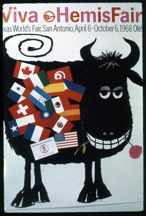 Hemisfair poster- cow with horns and flags