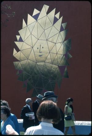 People walking past large mural at HemisFair '68