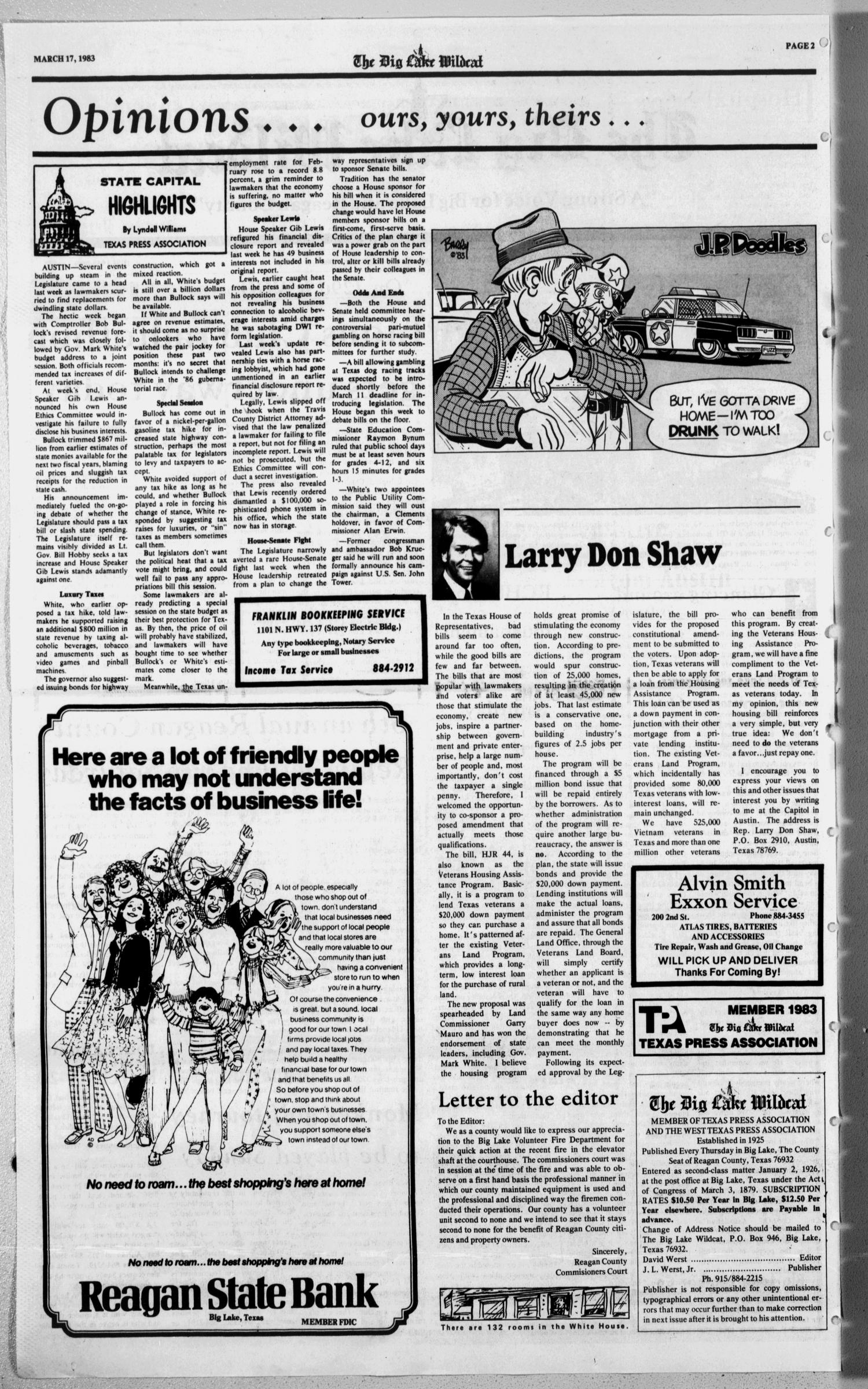 The Big Lake Wildcat (Big Lake, Tex.), Vol. 58, No. 11, Ed. 1 Thursday, March 17, 1983
                                                
                                                    [Sequence #]: 2 of 12
                                                