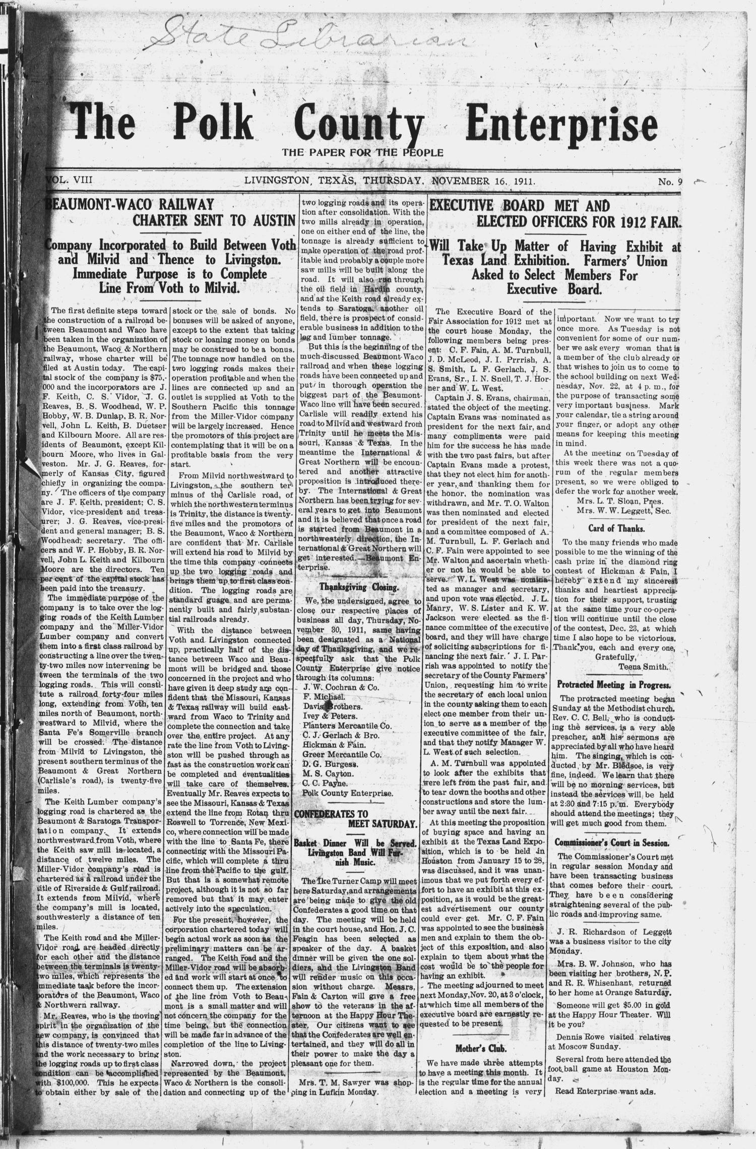 The Polk County Enterprise (Livingston, Tex.), Vol. 8, No. 9, Ed. 1 Thursday, November 16, 1911
                                                
                                                    [Sequence #]: 1 of 8
                                                