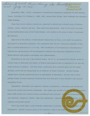 Press release given to the Washington press during Gov. Connally's visit, July 13, 1966.