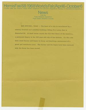 Primary view of object titled '[News Release About Changes to Create HemisFair '68]'.