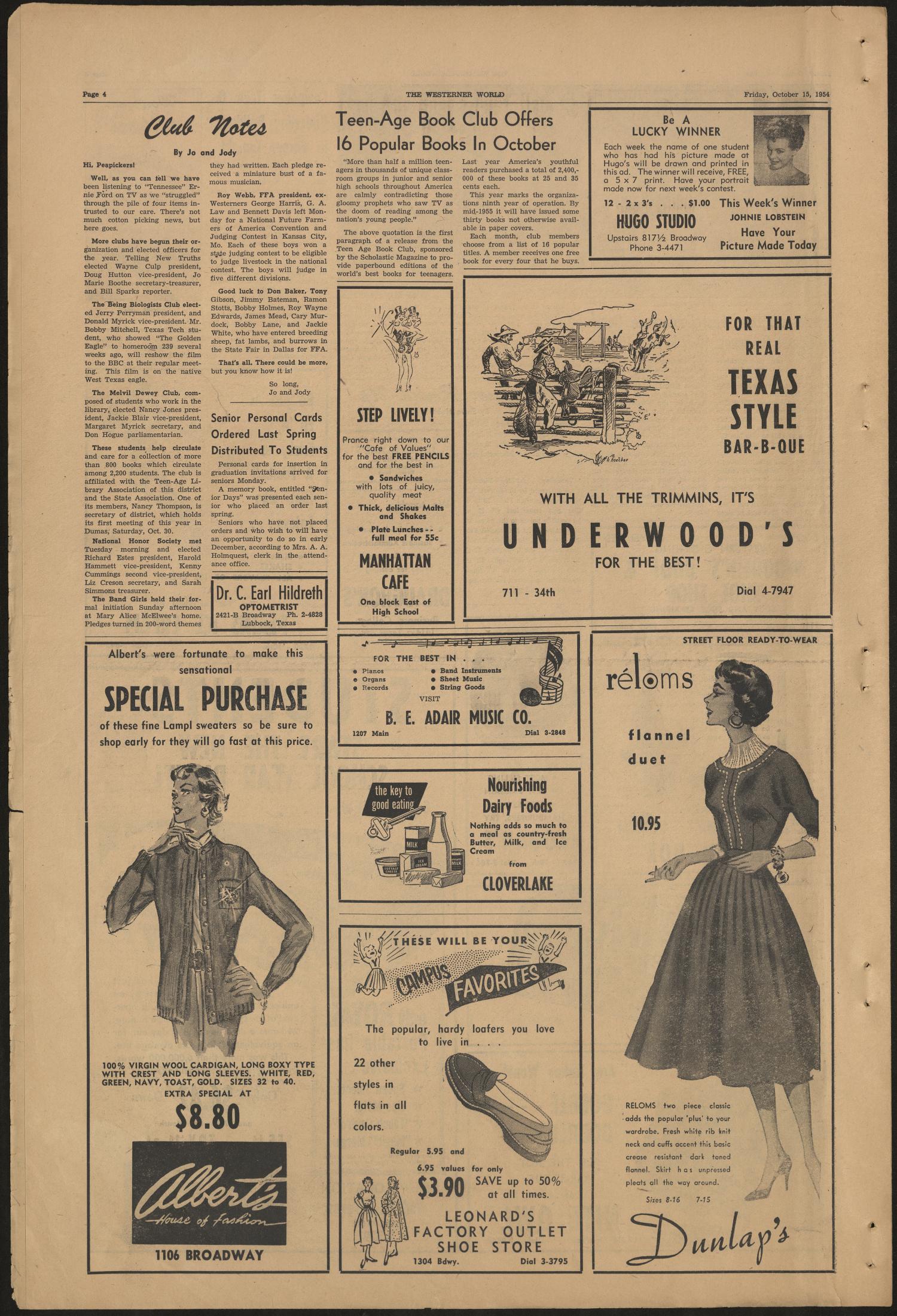 The Westerner World (Lubbock, Tex.), Vol. 21, No. 6, Ed. 1 Friday, October 15, 1954
                                                
                                                    [Sequence #]: 4 of 4
                                                