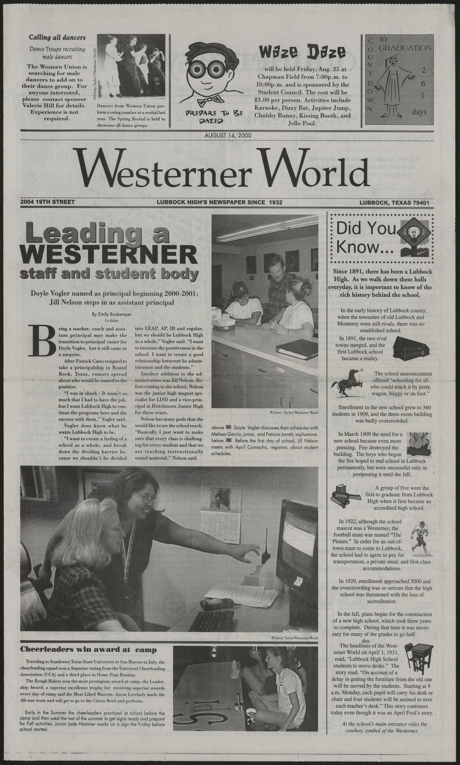 Westerner World (Lubbock, Tex.), Ed. 1 Monday, August 14, 2000
                                                
                                                    [Sequence #]: 1 of 4
                                                