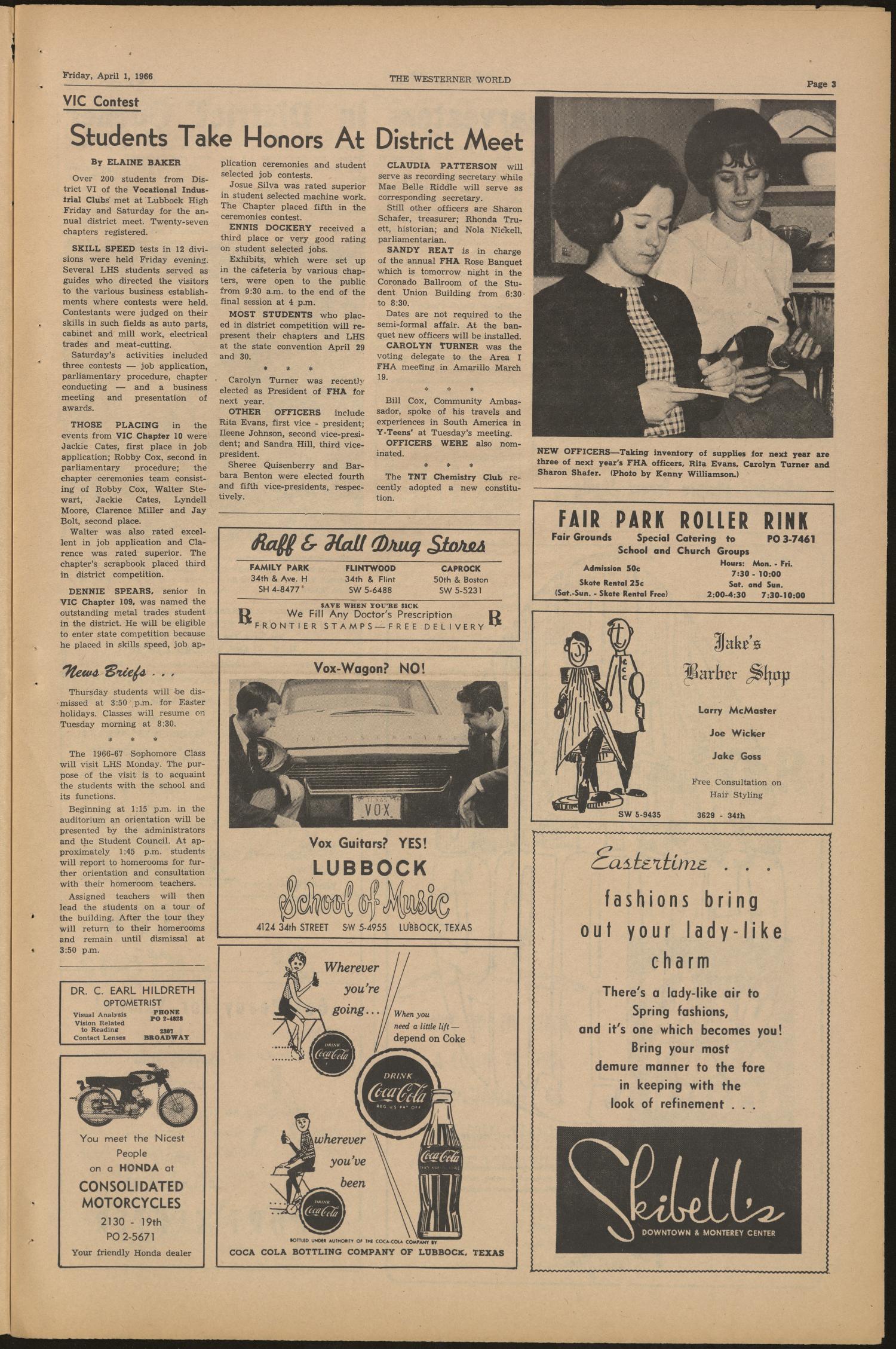 The Westerner World (Lubbock, Tex.), Vol. 32, No. 23, Ed. 1 Friday, April 1, 1966
                                                
                                                    [Sequence #]: 3 of 6
                                                
