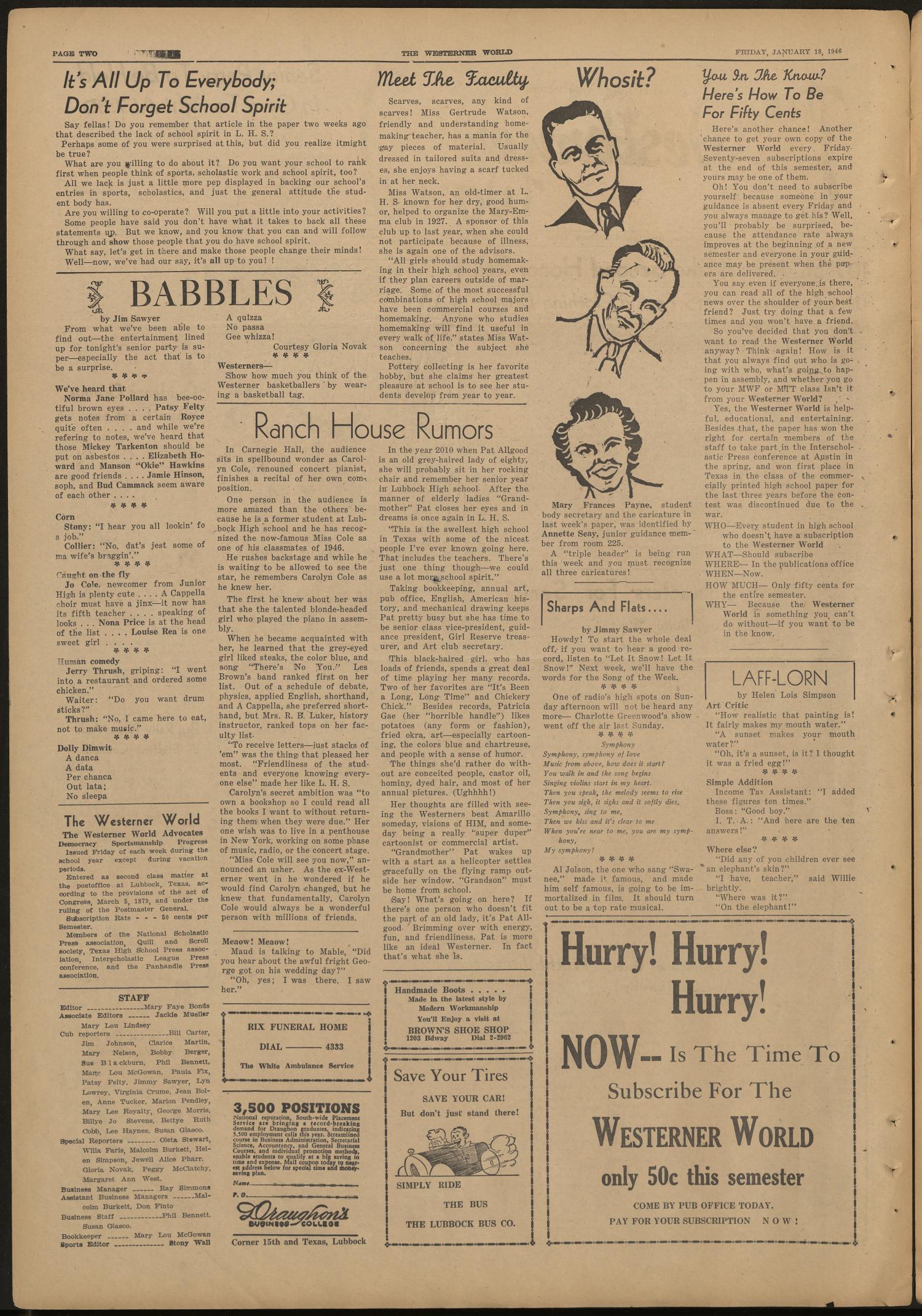 The Westerner World (Lubbock, Tex.), Vol. 12, No. 16, Ed. 1 Friday, January 18, 1946
                                                
                                                    [Sequence #]: 2 of 4
                                                