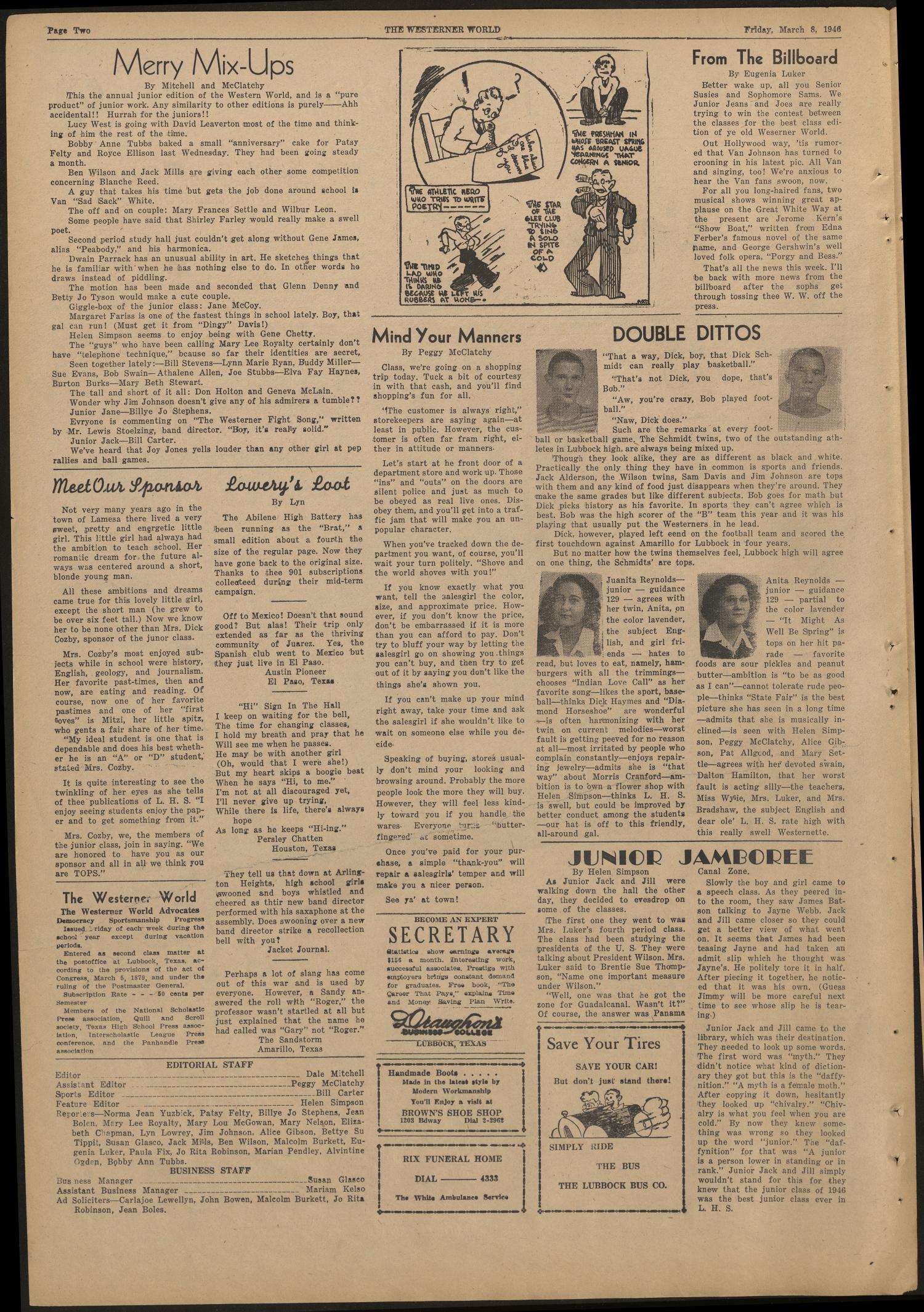 The Westerner World (Lubbock, Tex.), Vol. 12, No. 23, Ed. 1 Friday, March 8, 1946
                                                
                                                    [Sequence #]: 2 of 4
                                                
