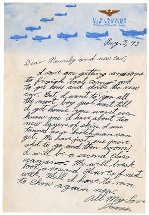 [Letter by James Sutherlin to his family and new car - 08/03/1943]