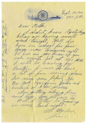 Primary view of object titled '[Letter by James Sutherlin to his parents - September 14, 1944]'.