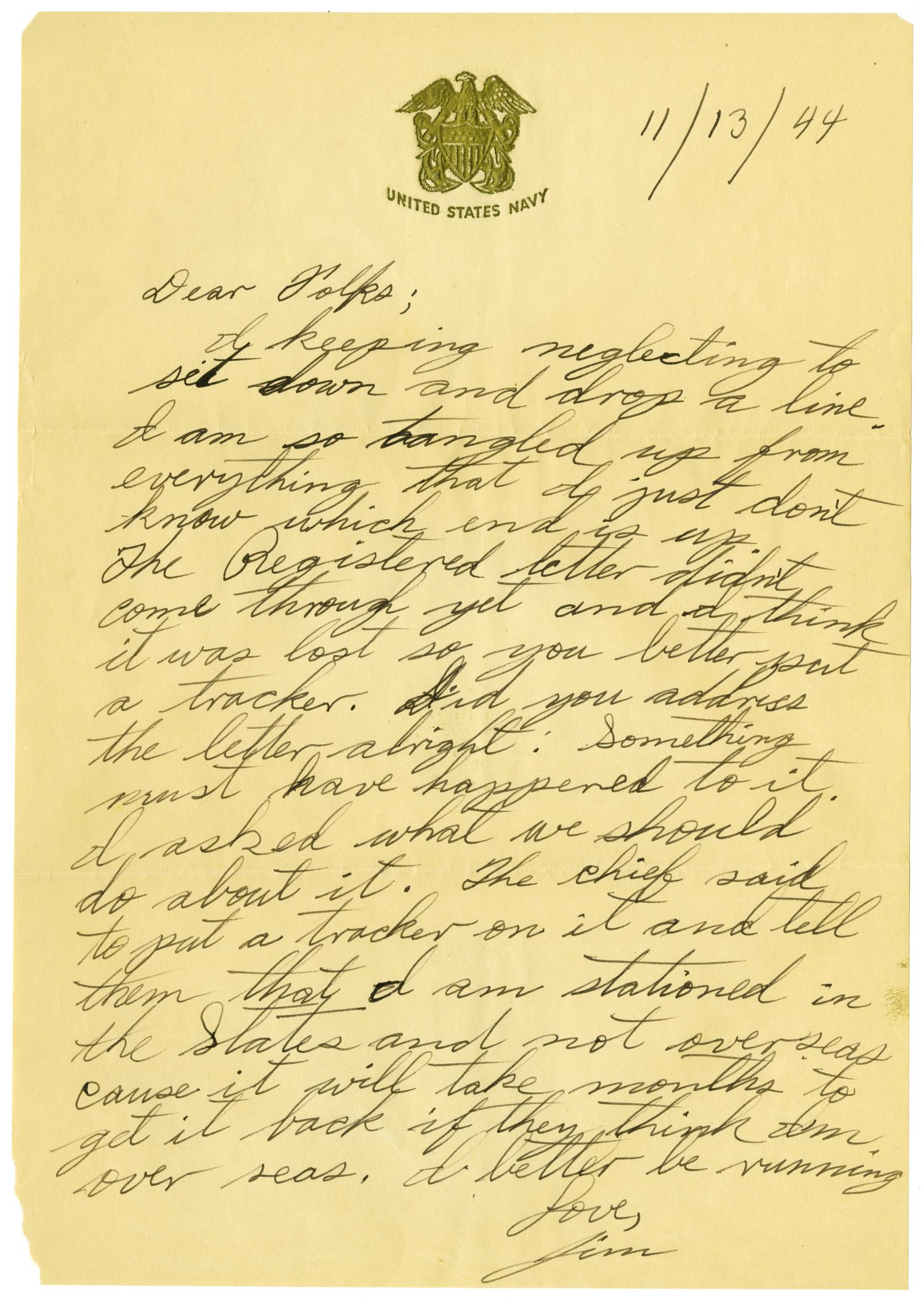 [Letter by James Sutherlin to his parents - 11/13/1944]
                                                
                                                    [Sequence #]: 1 of 4
                                                