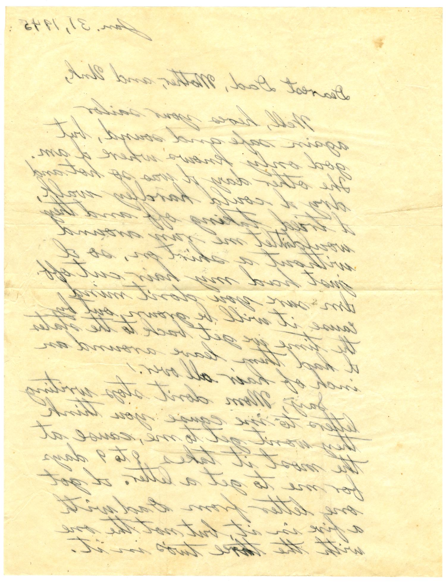 [Letter by James Sutherlin to his family - 01/31/1945]
                                                
                                                    [Sequence #]: 2 of 4
                                                