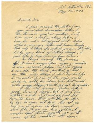 Primary view of object titled '[Letter by James E. Sutherlin to his Waneta Sutherlin Bowman - 05/18/1945]'.