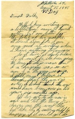 [Letter by James E. Sutherlin to his parents - 08/15/1945]
