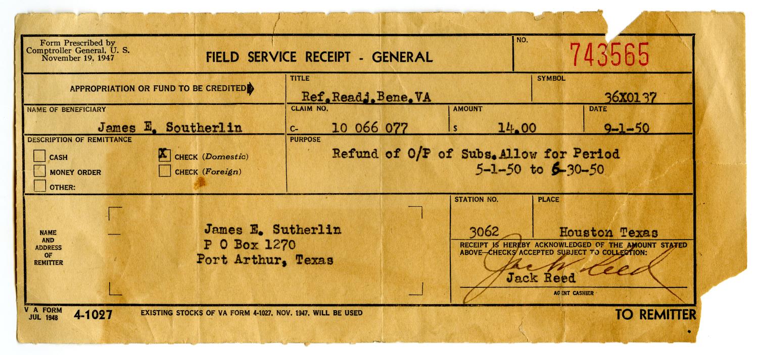 [Field Service Receipt for James Edgar Sutherlin - 09/01/1950]
                                                
                                                    [Sequence #]: 1 of 2
                                                