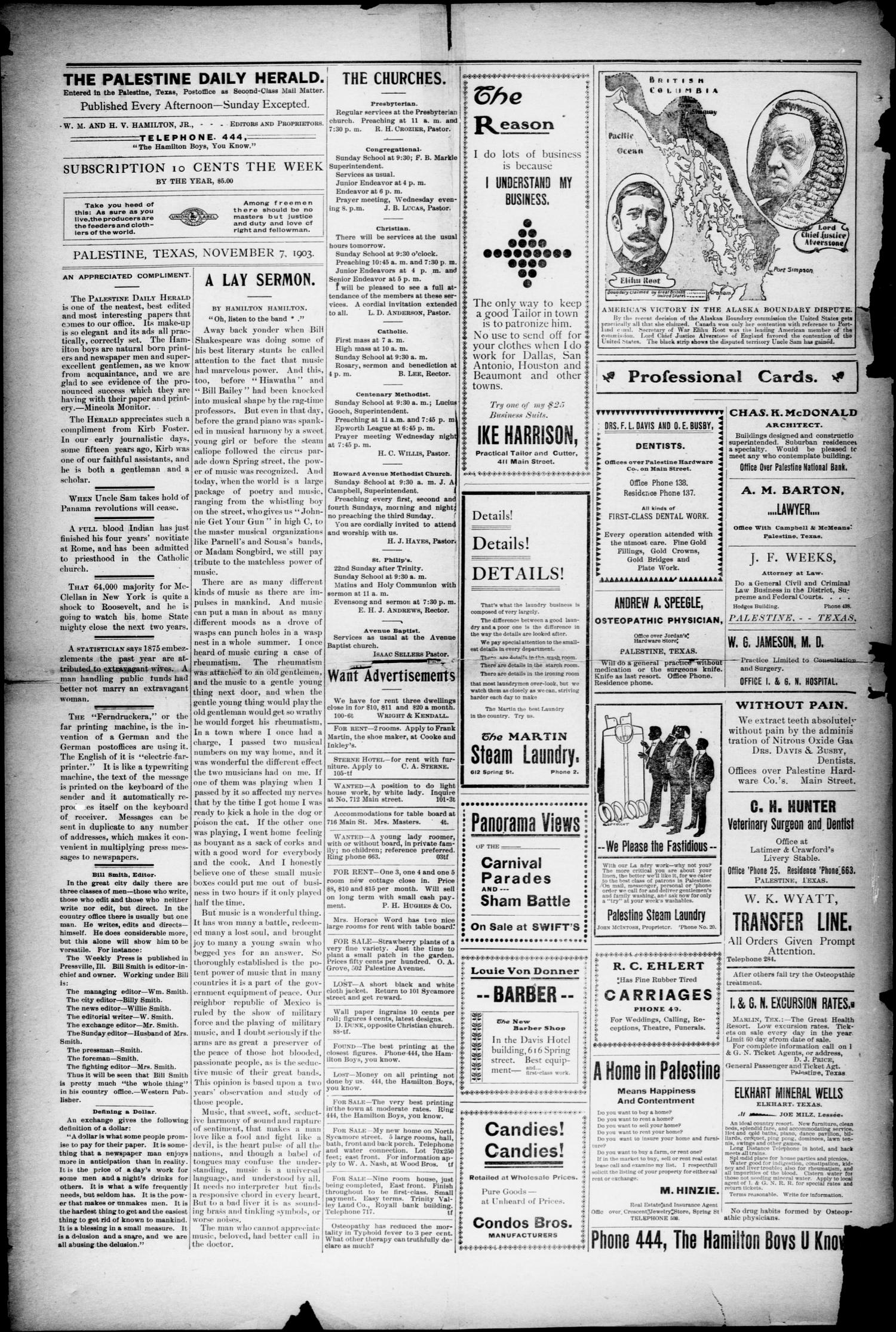 Palestine Daily Herald (Palestine, Tex), Vol. 2, No. 109, Ed. 1, Saturday, November 7, 1903
                                                
                                                    [Sequence #]: 2 of 8
                                                