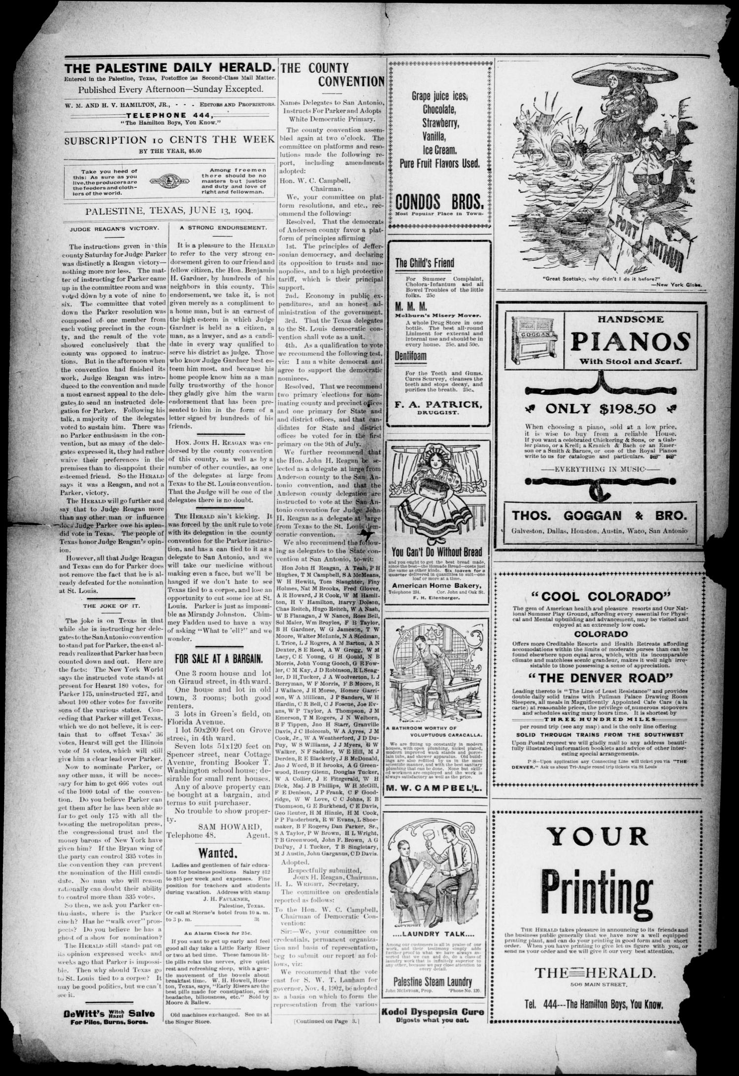 Palestine Daily Herald (Palestine, Tex), Vol. 2, No. 294, Ed. 1, Monday, June 13, 1904
                                                
                                                    [Sequence #]: 2 of 4
                                                