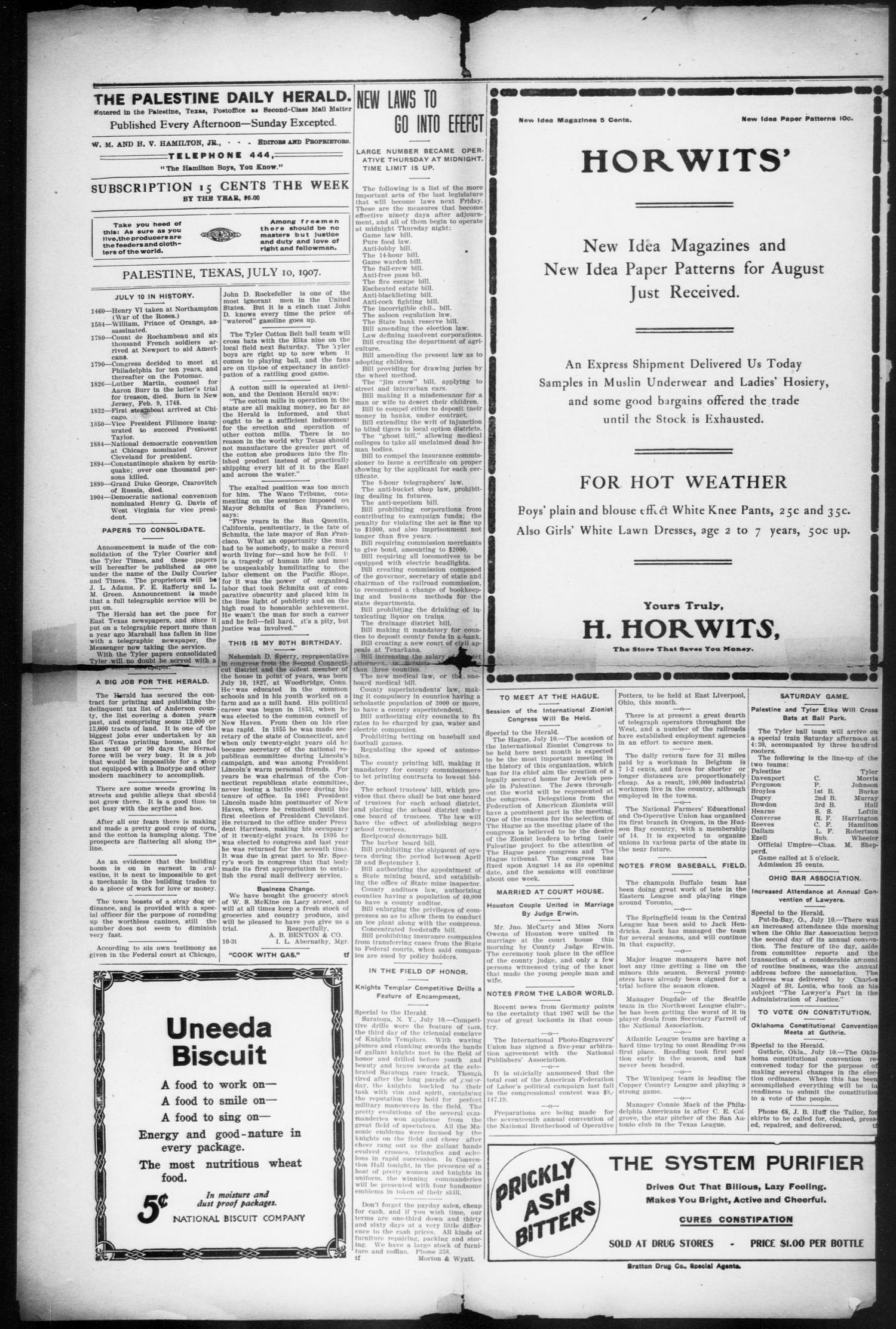 Palestine Daily Herald (Palestine, Tex), Vol. 5, No. 305, Ed. 1, Wednesday, July 10, 1907
                                                
                                                    [Sequence #]: 4 of 6
                                                