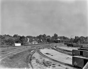 [Texas and Pacific Depot and Freight Station, (Northwest view from Bolivar Street viaduct showing water tower and Willow Street viaduct)]