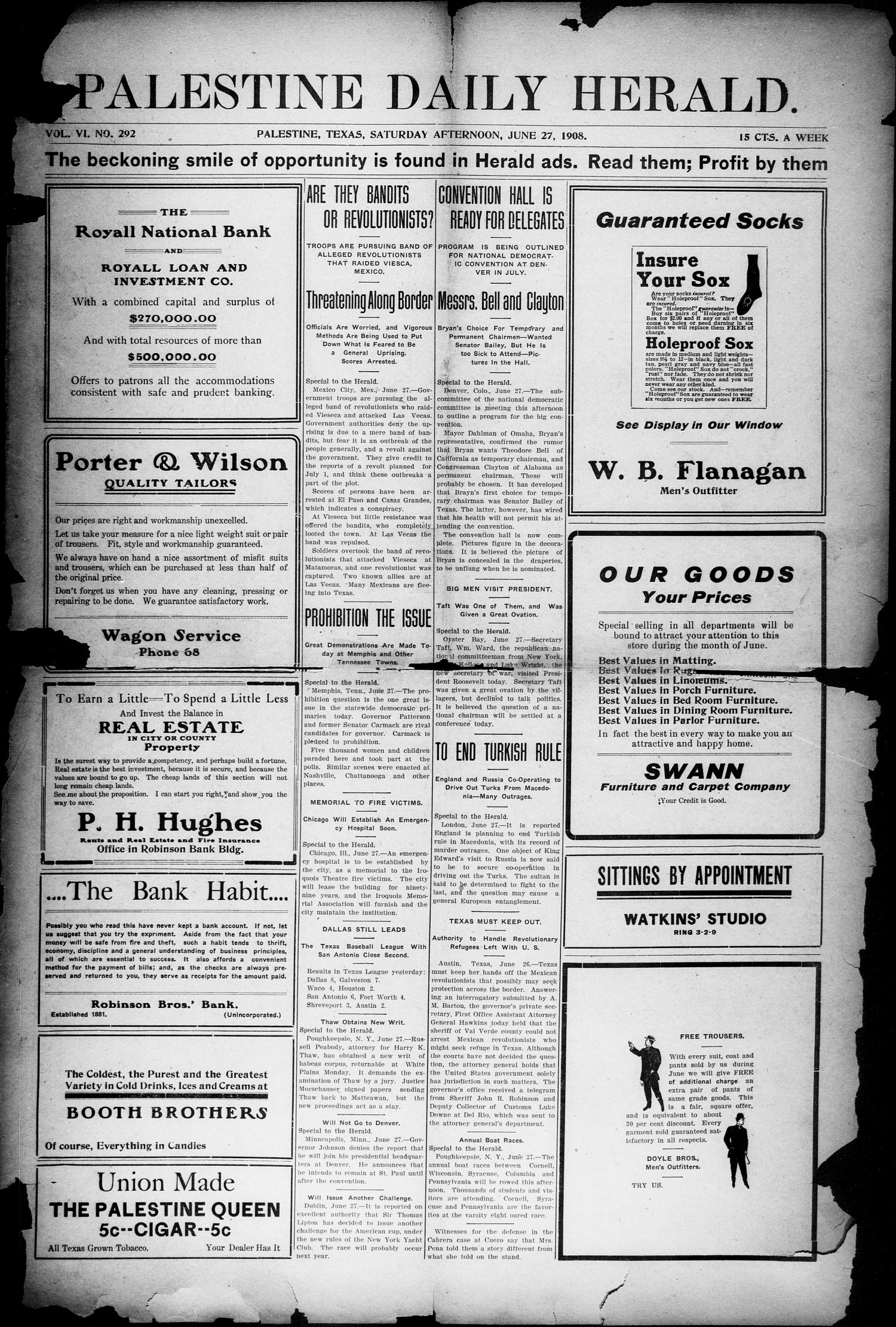 Palestine Daily Herald (Palestine, Tex), Vol. 6, No. 292, Ed. 1, Saturday, June 27, 1908
                                                
                                                    [Sequence #]: 1 of 8
                                                