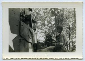 Primary view of object titled '[Five Soldiers Talk Next to a Truck]'.