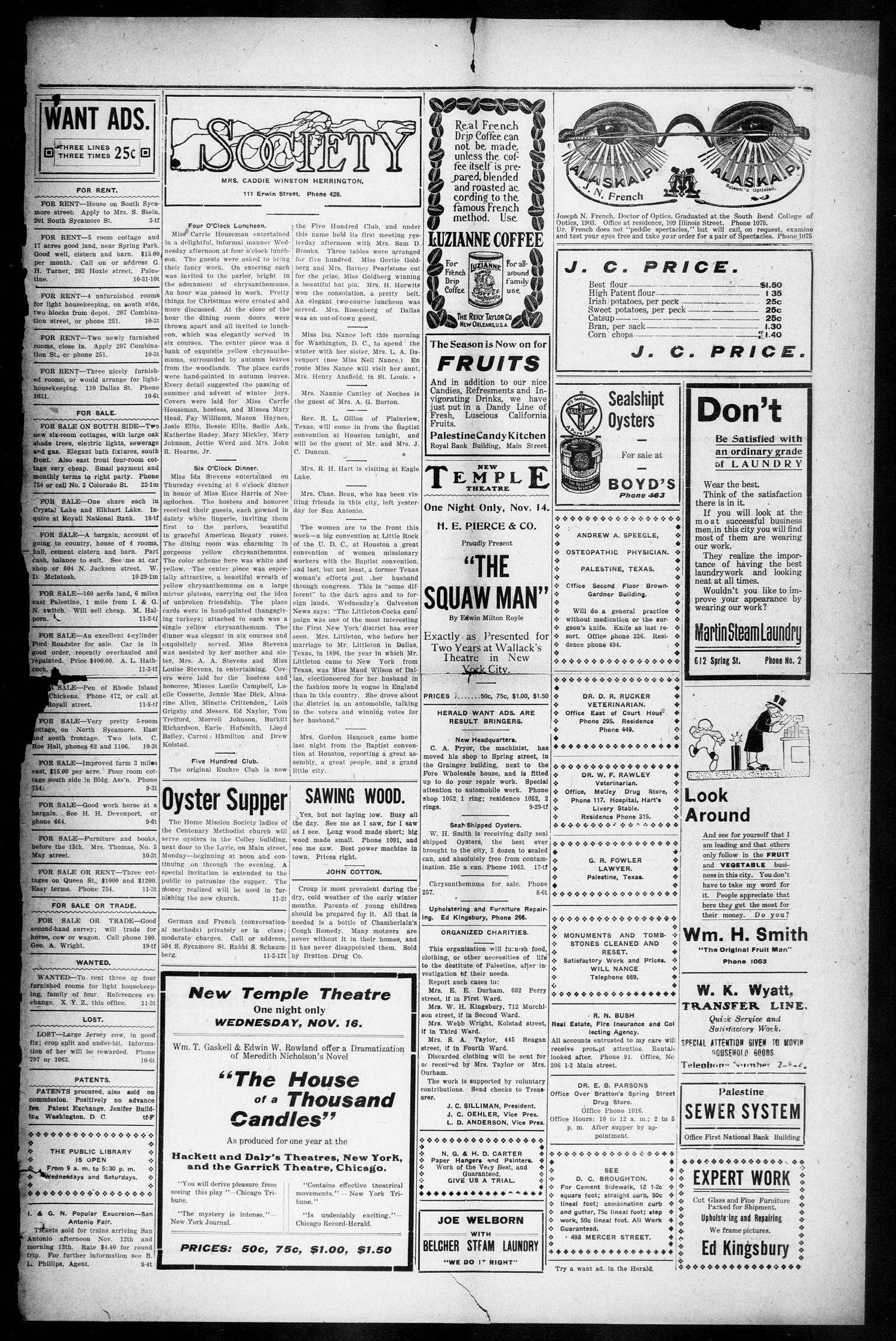Palestine Daily Herald (Palestine, Tex), Vol. 9, No. 83, Ed. 1, Saturday, November 12, 1910
                                                
                                                    [Sequence #]: 7 of 8
                                                