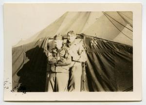 Primary view of object titled '[Louis Lapinski and Another Soldier in Front of a Tent]'.