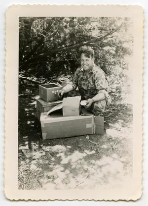 [Photograph of Sgt. Armstrong on Bivouac at Camp Barkeley]