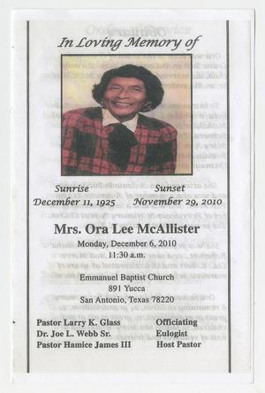 Primary view of object titled '[Funeral Program for Ora Lee McAllister, December 6, 2010]'.