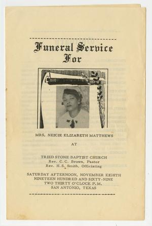 Primary view of object titled '[Funeral Program for Neicie Elizabeth Matthews, Jovember 8, 1969]'.