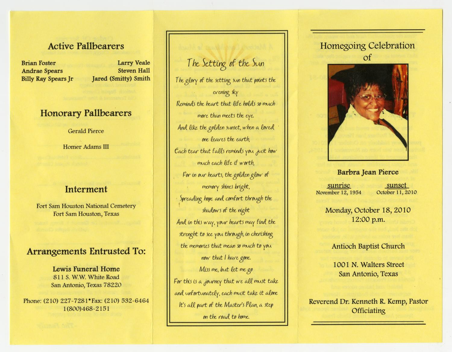 [Funeral Program for Barbra Jean Pierce, October 18, 2010]
                                                
                                                    [Sequence #]: 3 of 3
                                                
