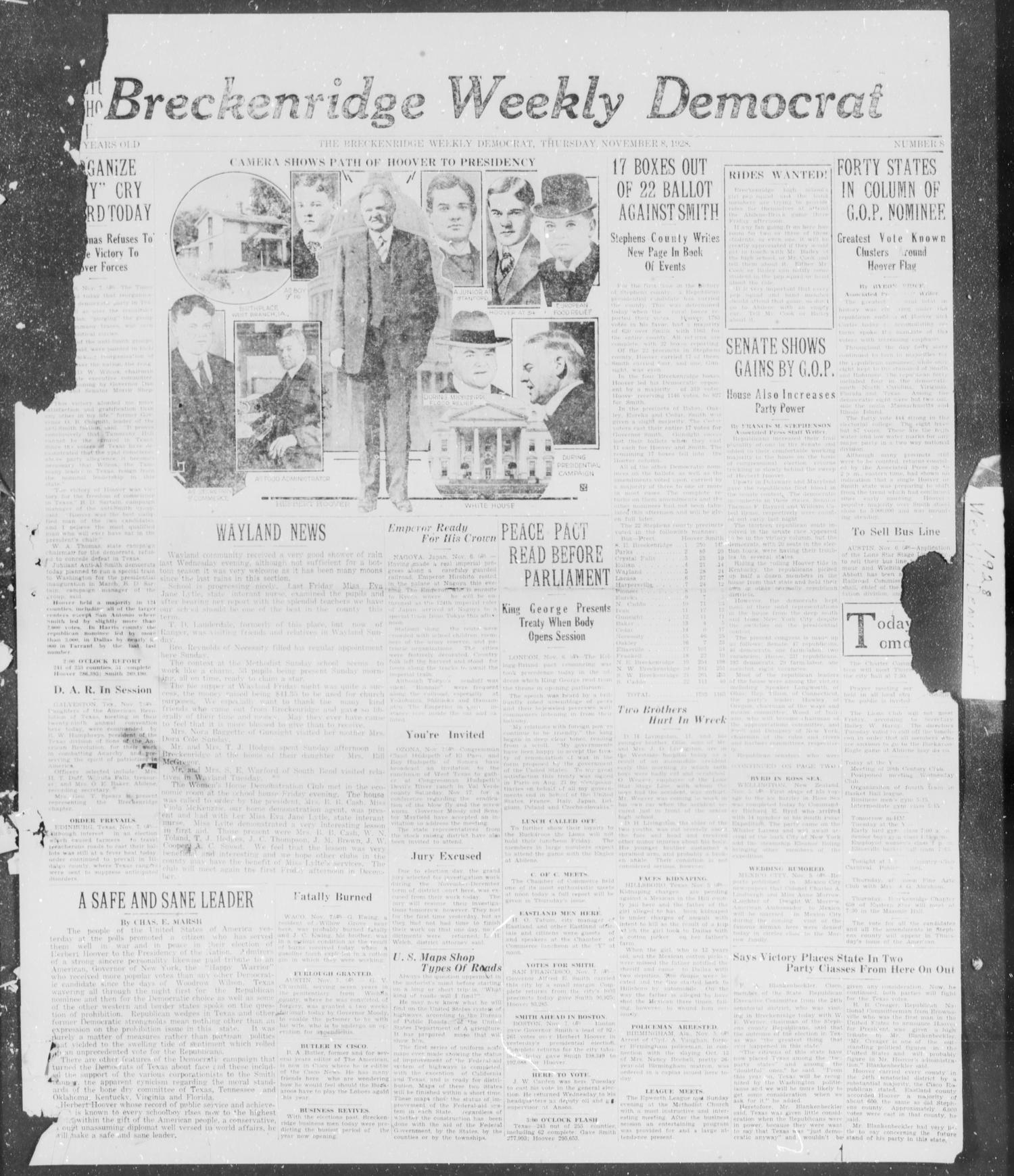 Breckenridge Weekly Democrat (Breckenridge, Tex), No. 8, Ed. 1, Thursday, November 8, 1928
                                                
                                                    [Sequence #]: 1 of 4
                                                