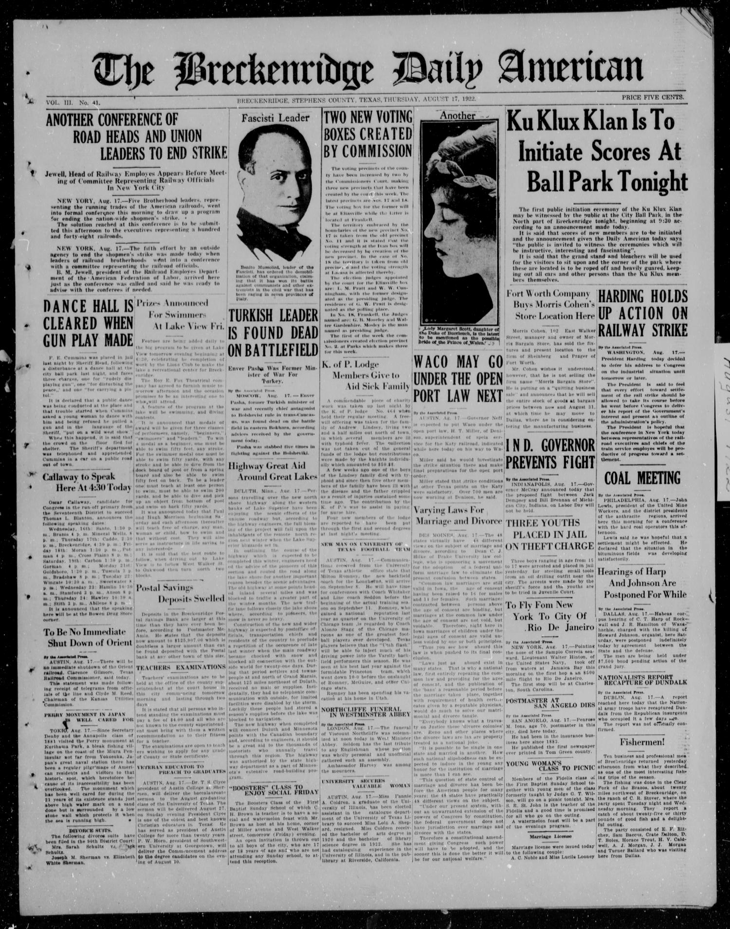 The Breckenridge Daily American (Breckenridge, Tex.), Vol. 3, No. 41, Ed. 1, Thursday, August 17, 1922
                                                
                                                    [Sequence #]: 1 of 4
                                                