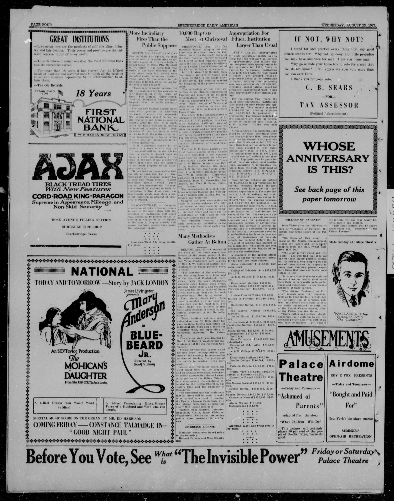 The Breckenridge Daily American (Breckenridge, Tex.), Vol. 3, No. 46, Ed. 1, Wednesday, August 23, 1922
                                                
                                                    [Sequence #]: 4 of 4
                                                