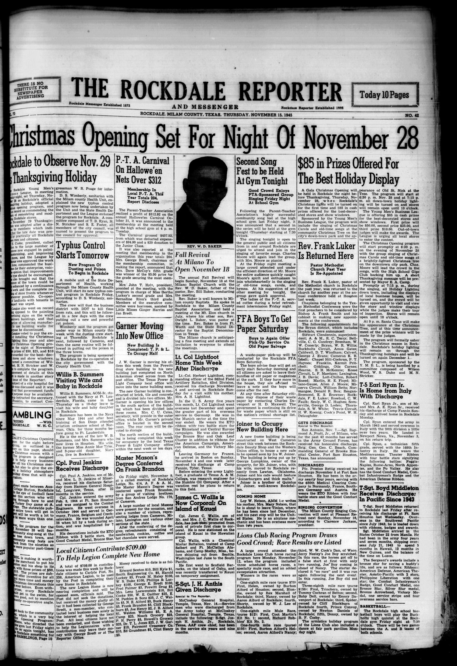 The Rockdale Reporter and Messenger (Rockdale, Tex.), Vol. 73, No. 42, Ed. 1 Thursday, November 15, 1945
                                                
                                                    [Sequence #]: 1 of 10
                                                
