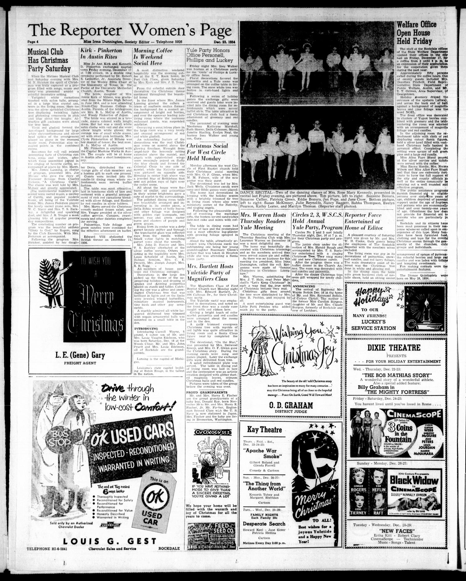 The Rockdale Reporter And Messenger Rockdale Tex Vol No 49 Ed 1 Thursday December 23 1954 Page 4 Of 36 The Portal To Texas History