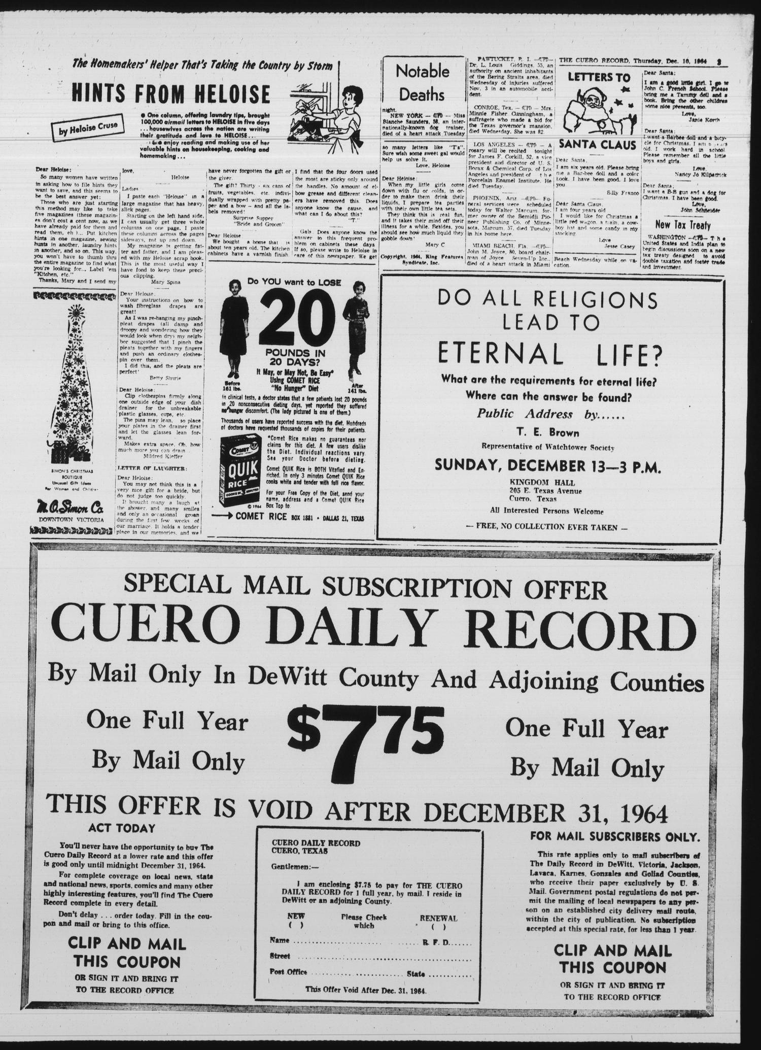 The Cuero Record (Cuero, Tex.), Vol. 70, No. 292, Ed. 1 Thursday, December 10, 1964
                                                
                                                    [Sequence #]: 3 of 6
                                                