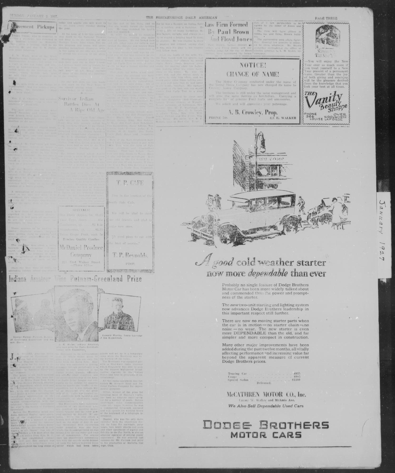 The Breckenridge Daily American (Breckenridge, Tex.), Vol. 7, No. 154, Ed. 1, Sunday, January 2, 1927
                                                
                                                    [Sequence #]: 3 of 12
                                                