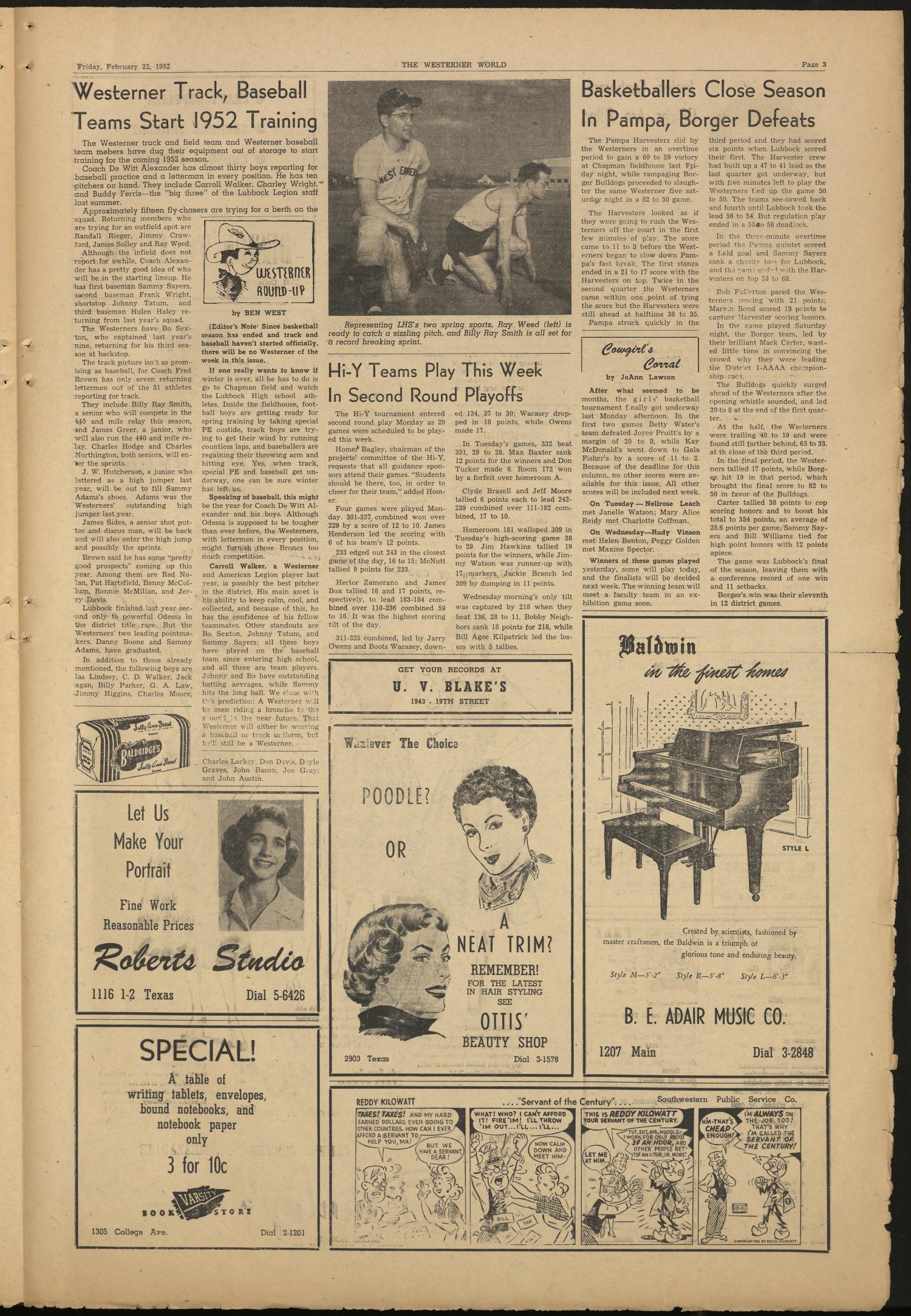 The Westerner World (Lubbock, Tex.), Vol. 18, No. 20, Ed. 1 Friday, February 22, 1952
                                                
                                                    [Sequence #]: 3 of 4
                                                