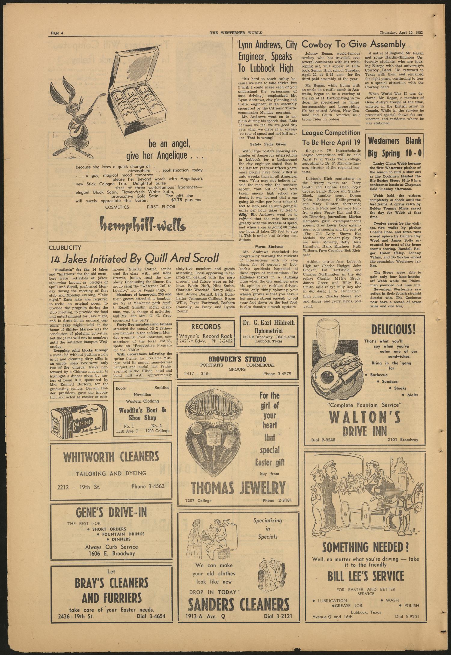 The Westerner World (Lubbock, Tex.), Vol. 18, No. 27, Ed. 1 Thursday, April 10, 1952
                                                
                                                    [Sequence #]: 4 of 4
                                                