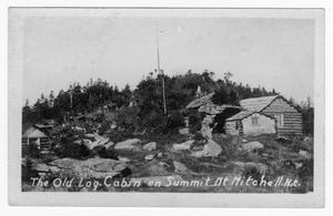 Primary view of object titled '[Postcard of Old Log Cabin on Mt. Mitchell Summit]'.